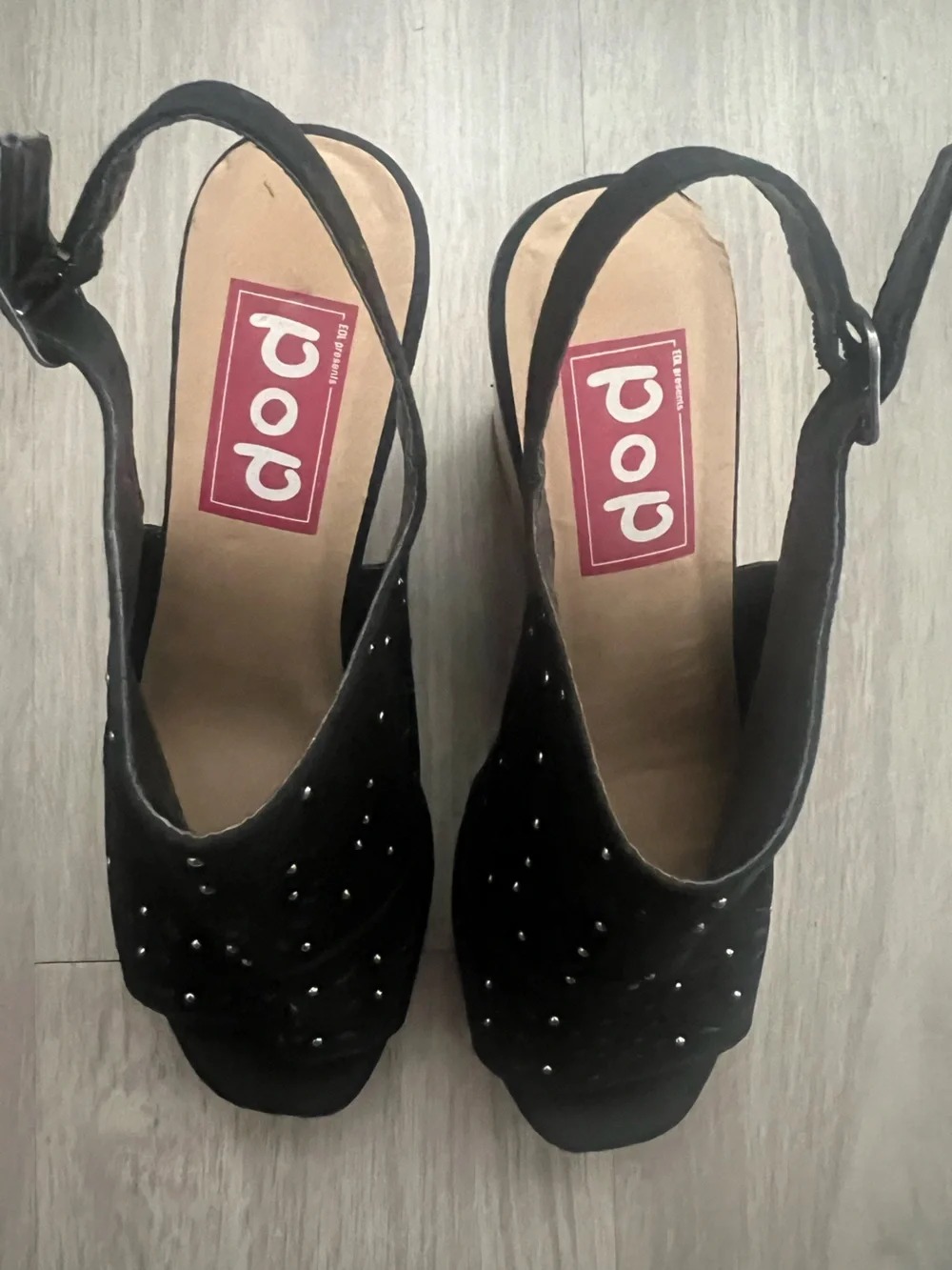 POP Edi Persons Black Studded Cork Wedge Sandals Peep Toe Slingback Size 8.5